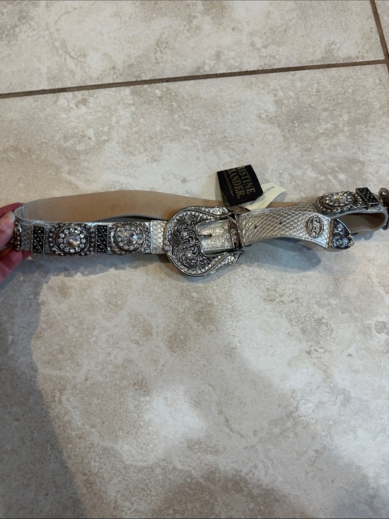 NWT! Christine Alexander Silver Leather Rhinestone Buckle Western Belt M Cowgirl main image 5